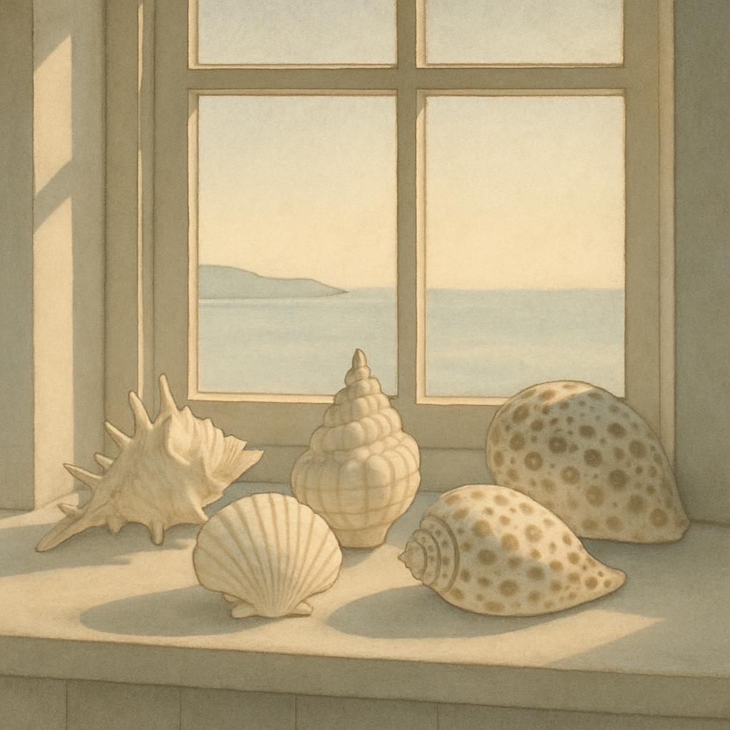 Several seashells arranged on a ledge or windowsill, with nautical sea views.