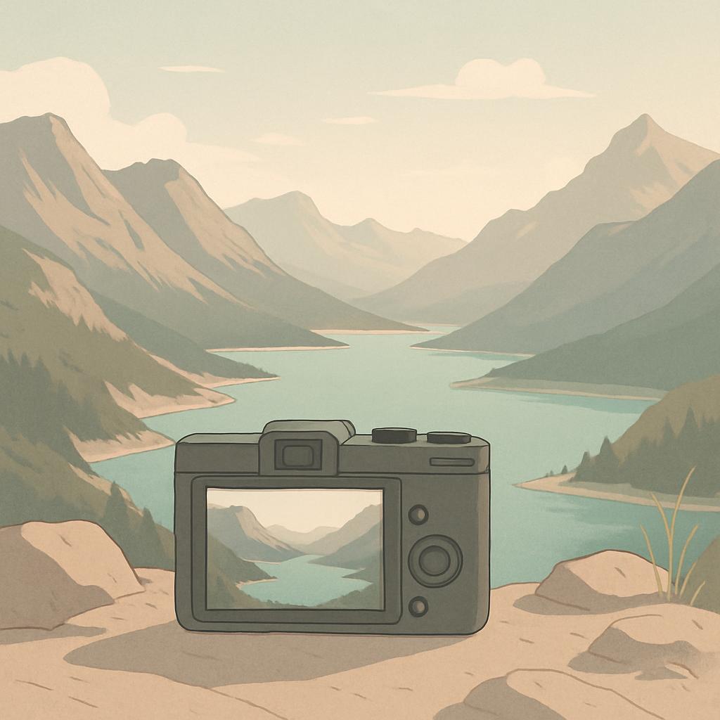 A scenic valley landscape with a lake and mountains, featuring a camera with a photo of the view on its screen.