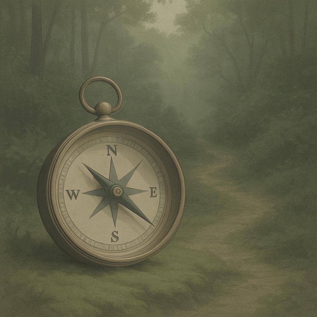 portrait of a brass compass in a forest, illustrating direction and navigation